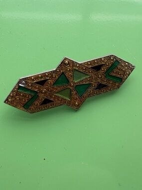 Vintage Art Deco Geometric Green Enamel Bar Brooch/Pin
